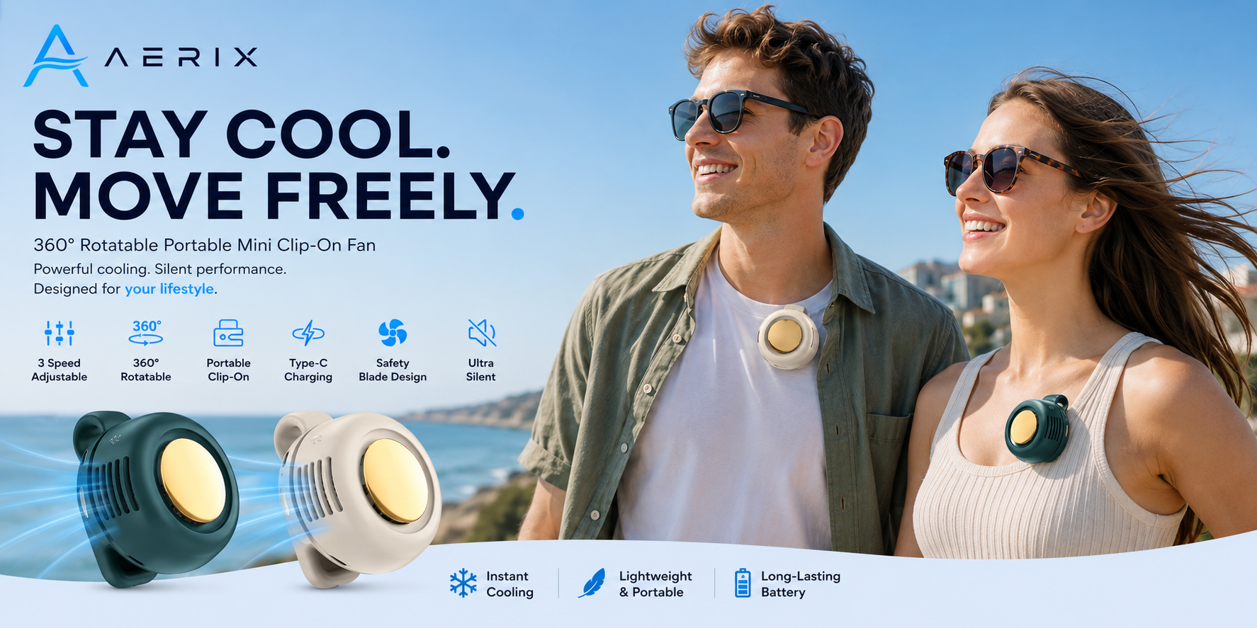 AERIX mini clip-on fan worn by a couple on a sunny day